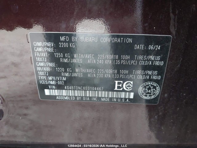 4S4BTDNC8S3104467 Subaru Outback Limited