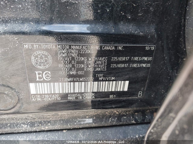 12564436 :رقم المزاد ، 2T3BWRFV7LW052272 vin ، 2020 Toyota Rav4 Le مزاد بيع