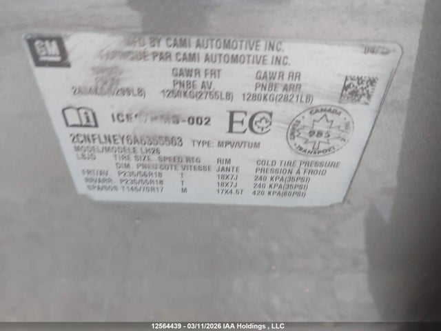 2010 Chevrolet Equinox Lt მანქანა იყიდება აუქციონზე, vin: 2CNFLNEY6A6355563, აუქციონის ნომერი: 12564439