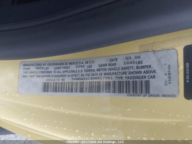 12564463 :رقم المزاد ، 3VWRW31C46M417981 vin ، 2006 Volkswagen New Beetle 2.5l Option Package 1 مزاد بيع
