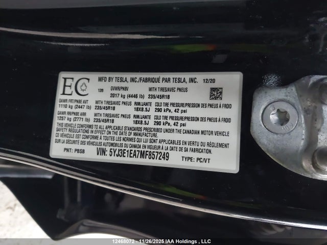 5YJ3E1EA7MF857249 Tesla Model 3 Standard Range/standard Range Plus
