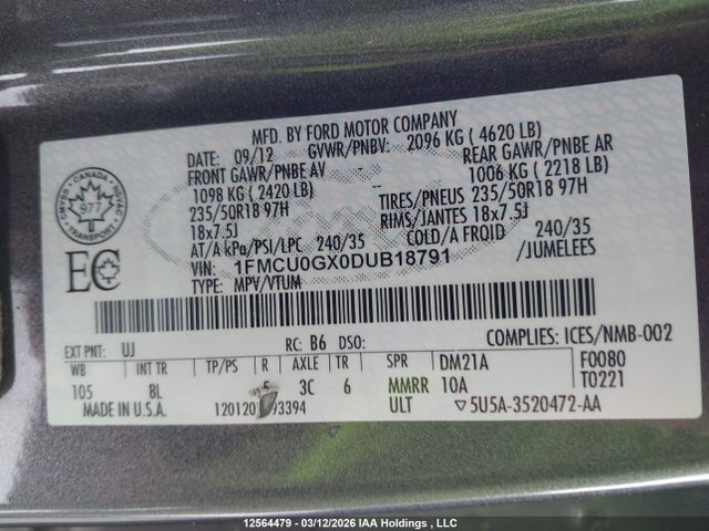 Продаж на аукціоні авто 2013 Ford Escape Se, vin: 1FMCU0GX0DUB18791, номер лоту: 12564479