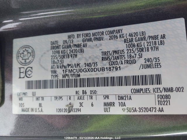 Продаж на аукціоні авто 2013 Ford Escape Se, vin: 1FMCU0GX0DUB18791, номер лоту: 12564479