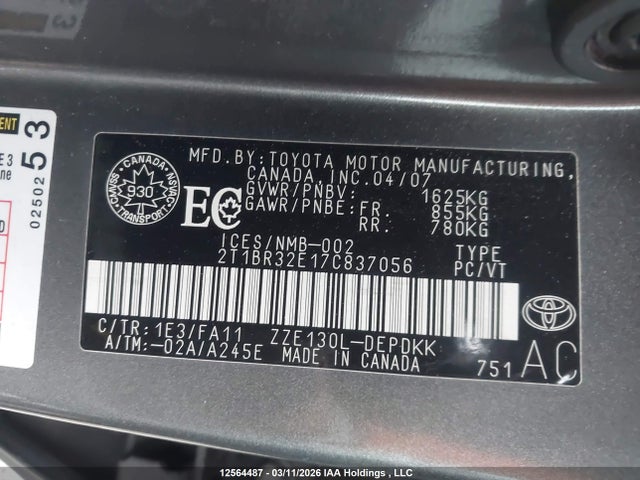 12564487 :رقم المزاد ، 2T1BR32E17C837056 vin ، 2007 Toyota Corolla مزاد بيع