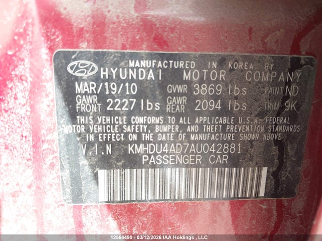Aukcja sprzedaży 2010 Hyundai Elantra Gls, vin: KMHDU4AD7AU042881, numer aukcji: 12564490