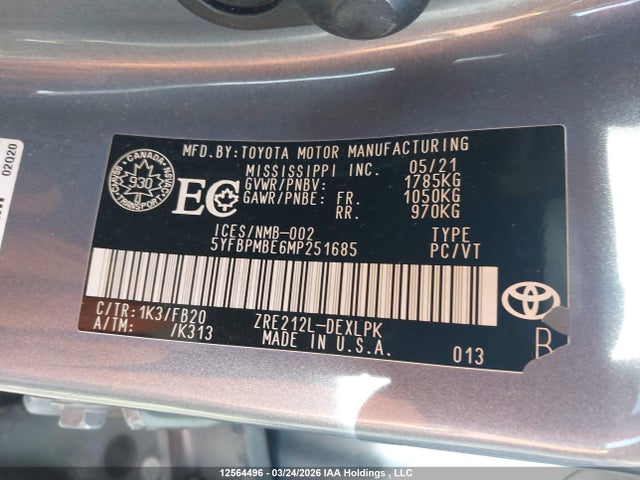 12564496 :رقم المزاد ، 5YFBPMBE6MP251685 vin ، 2021 Toyota Corolla Le مزاد بيع
