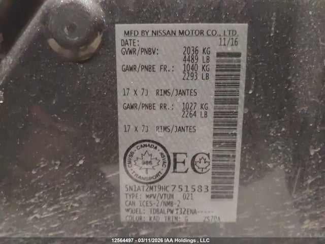 5N1AT2MT9HC751583 Nissan ROGUE S/SV
