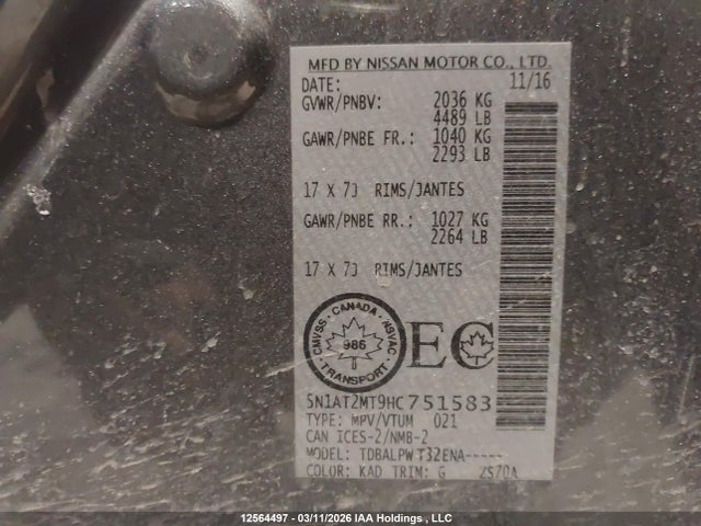 5N1AT2MT9HC751583 Nissan ROGUE S/SV