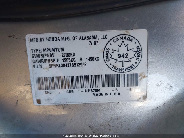 Продаж на аукціоні авто 2007 Honda Odyssey Ex, vin: 5FNRL38427B512992, номер лоту: 12564499