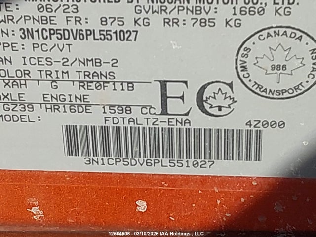 12564506 :رقم المزاد ، 3N1CP5DV6PL551027 vin ، 2023 Nissan Kicks Sr مزاد بيع