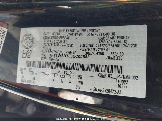 2018 Ford F350 Super Duty მანქანა იყიდება აუქციონზე, vin: 1FT8W3BT8JEC02583, აუქციონის ნომერი: 12564508