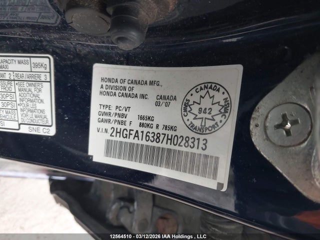 Aukcja sprzedaży 2007 Honda Civic, vin: 2HGFA16387H028313, numer aukcji: 12564510