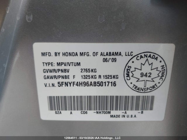 Aukcja sprzedaży 2010 Honda Pilot Touring, vin: 5FNYF4H96AB501716, numer aukcji: 12564511