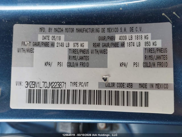 2018 Mazda Mazda3 მანქანა იყიდება აუქციონზე, vin: 3MZBN1L70JM223871, აუქციონის ნომერი: 12564519