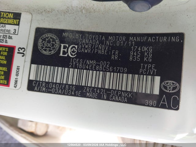 12564520 :رقم المزاد ، 2T1BU4EE8BC561709 vin ، 2011 Toyota Corolla Le مزاد بيع
