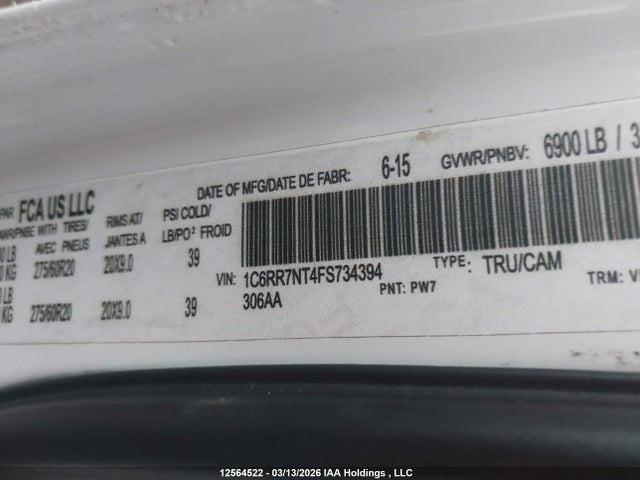 Продажа на аукционе авто 2015 Ram 1500 Laramie, vin: 1C6RR7NT4FS734394, номер лота: 12564522