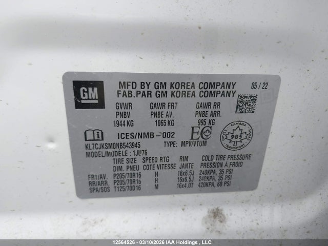 Aukcja sprzedaży 2022 Chevrolet Trax Ls, vin: KL7CJKSM0NB543945, numer aukcji: 12564526
