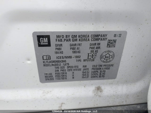 Aukcja sprzedaży 2022 Chevrolet Trax Ls, vin: KL7CJKSM0NB543945, numer aukcji: 12564526