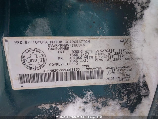 12518242 :رقم المزاد ، JTEHH20VX26063850 vin ، 2002 Toyota Rav4 مزاد بيع