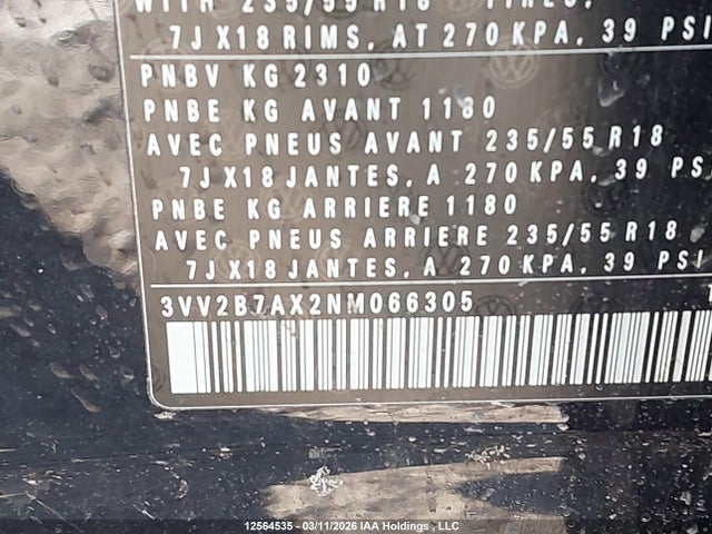 3VV2B7AX2NM066305 Volkswagen TIGUAN SE