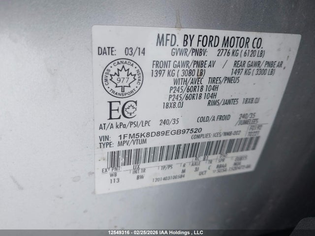 Aukcja sprzedaży 2014 Ford Explorer Xlt, vin: 1FM5K8D89EGB97520, numer aukcji: 12549316