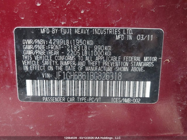 2011 Subaru Impreza მანქანა იყიდება აუქციონზე, vin: JF1GH6B61BG826318, აუქციონის ნომერი: 12564539
