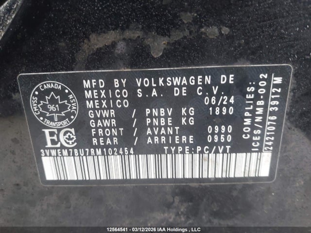 2024 Volkswagen Jetta Se მანქანა იყიდება აუქციონზე, vin: 3VWEM7BU7RM102454, აუქციონის ნომერი: 12564541