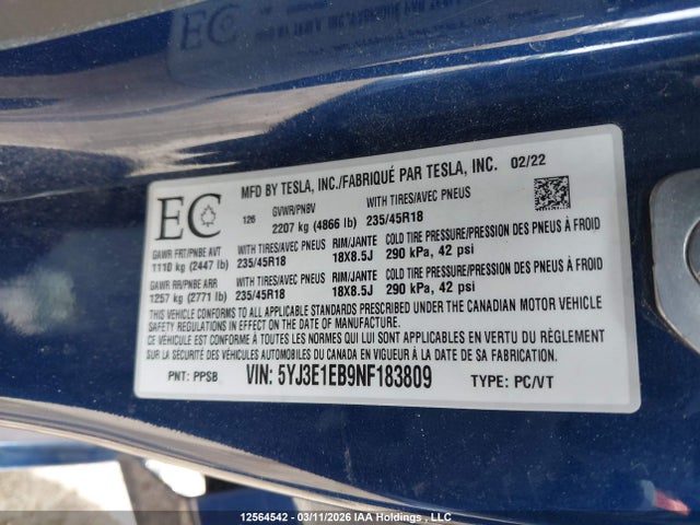 5YJ3E1EB9NF183809 Tesla MODEL 3