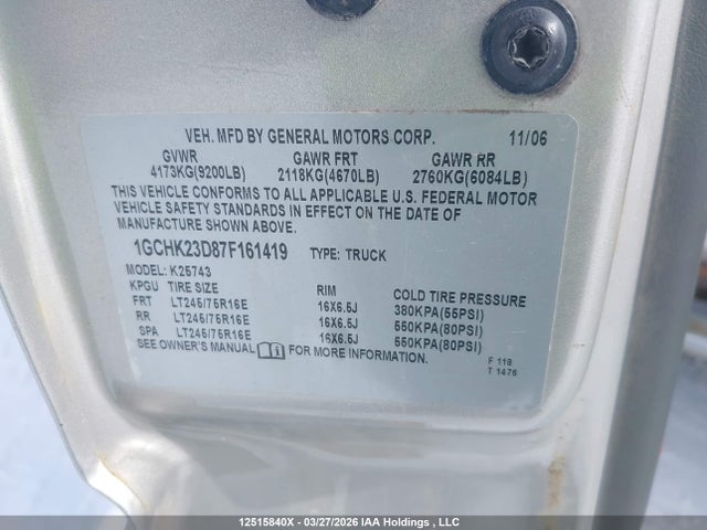 Продаж на аукціоні авто 2007 Chevrolet Silverado 2500hd Classic Lt3, vin: 1GCHK23D87F161419, номер лоту: 12515840