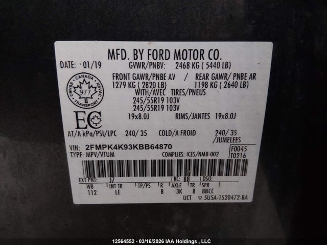 2019 Ford Edge Titanium მანქანა იყიდება აუქციონზე, vin: 2FMPK4K93KBB64870, აუქციონის ნომერი: 12564552
