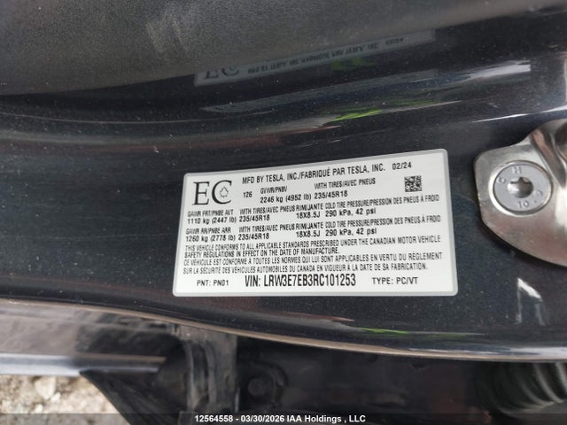 Aukcja sprzedaży 2024 Tesla Model 3 Long Range, vin: LRW3E7EB3RC101253, numer aukcji: 12564558