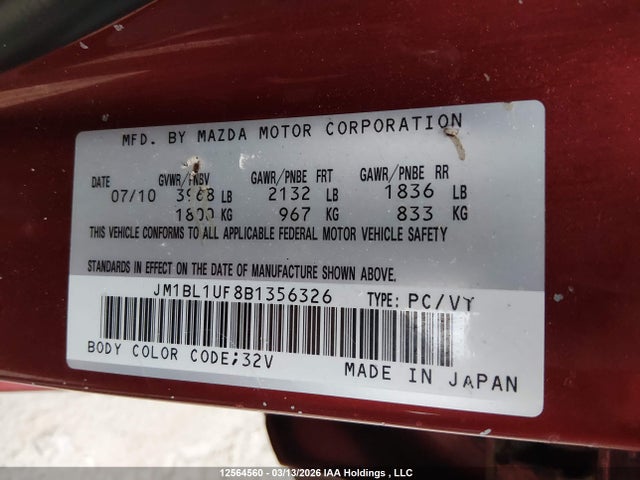 Aukcja sprzedaży 2011 Mazda Mazda3 Gx, vin: JM1BL1UF8B1356326, numer aukcji: 12564560