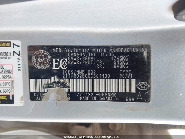 Aukcja sprzedaży 2006 Toyota Matrix Xr/xrs, vin: 2T1KR32E06C601139, numer aukcji: 12564568