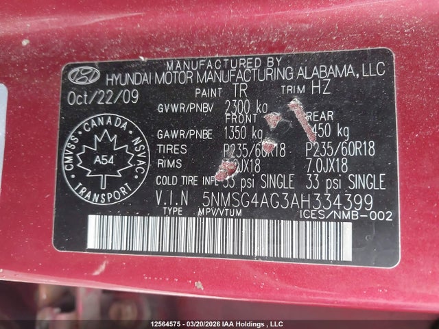 Продажа на аукционе авто 2010 Hyundai Santa Fe, vin: 5NMSG4AG3AH334399, номер лота: 12564575