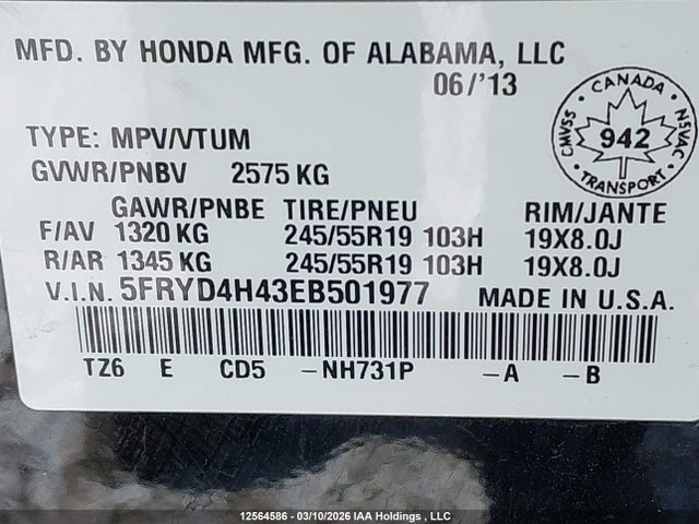 12564586 :رقم المزاد ، 5FRYD4H43EB501977 vin ، 2014 Acura Mdx Technology مزاد بيع
