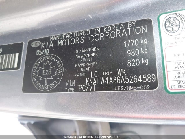 12564589 :رقم المزاد ، KNAFW4A36A5264589 vin ، 2010 Kia Forte 2.4l Sx مزاد بيع