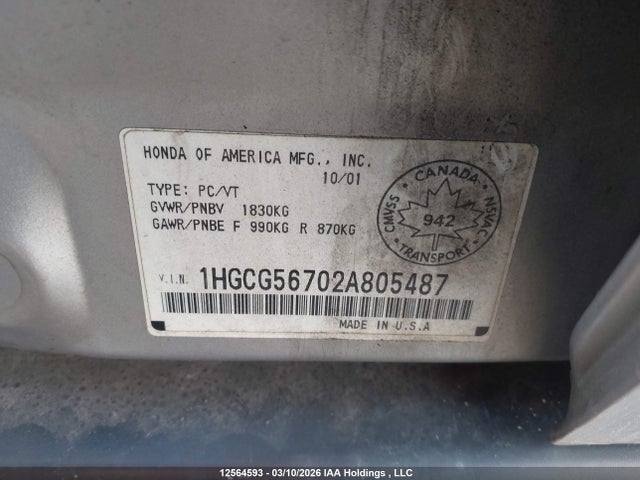 Aukcja sprzedaży 2002 Honda Accord Se, vin: 1HGCG56702A805487, numer aukcji: 12564593