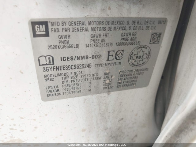 12564604 :رقم المزاد ، 3GYFNEE39CS626245 vin ، 2012 Cadillac Srx Performance Collection مزاد بيع