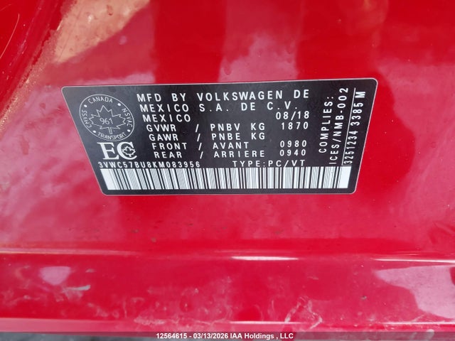 12564615 :رقم المزاد ، 3VWC57BU8KM083956 vin ، 2019 Volkswagen Jetta مزاد بيع