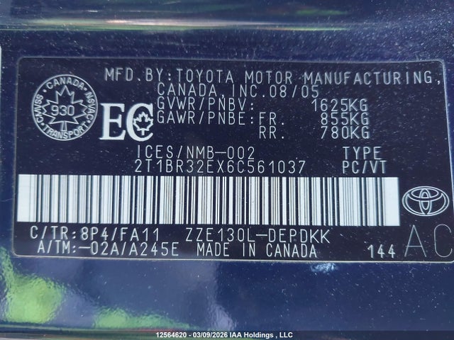 Aukcja sprzedaży 2006 Toyota Corolla Ce/le/s, vin: 2T1BR32EX6C561037, numer aukcji: 12564620