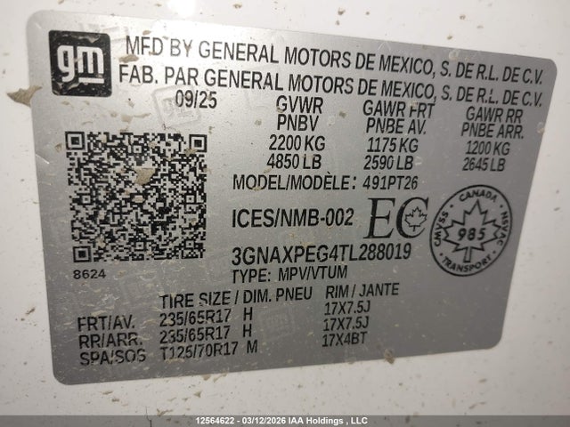 Продаж на аукціоні авто 2026 Chevrolet Equinox Lt, vin: 3GNAXPEG4TL288019, номер лоту: 12564622