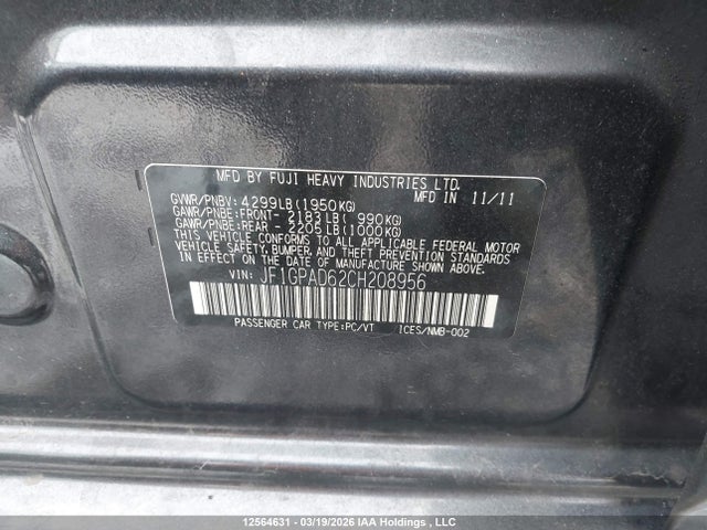 Aukcja sprzedaży 2012 Subaru Impreza Premium, vin: JF1GPAD62CH208956, numer aukcji: 12564631