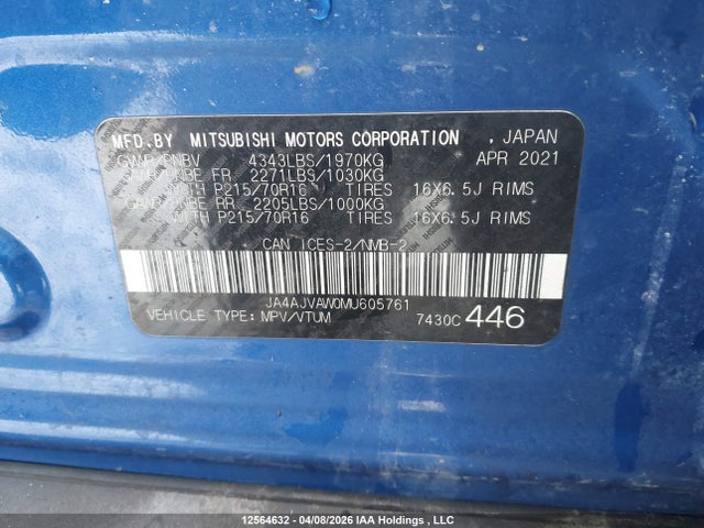12564632 :رقم المزاد ، JA4AJVAW0MU605761 vin ، 2021 Mitsubishi Rvr Gt/le/se/sel مزاد بيع