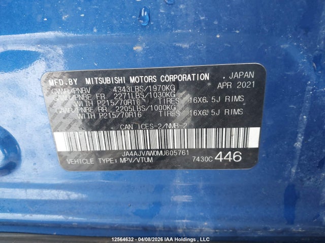 12564632 :رقم المزاد ، JA4AJVAW0MU605761 vin ، 2021 Mitsubishi Rvr Gt/le/se/sel مزاد بيع
