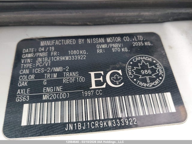 JN1BJ1CR9KW333922 Nissan Qashqai S/sl/sv