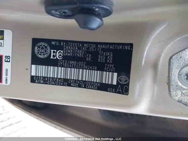 2012 Toyota Corolla Ce მანქანა იყიდება აუქციონზე, vin: 2T1BU4EE5CC862438, აუქციონის ნომერი: 12564642