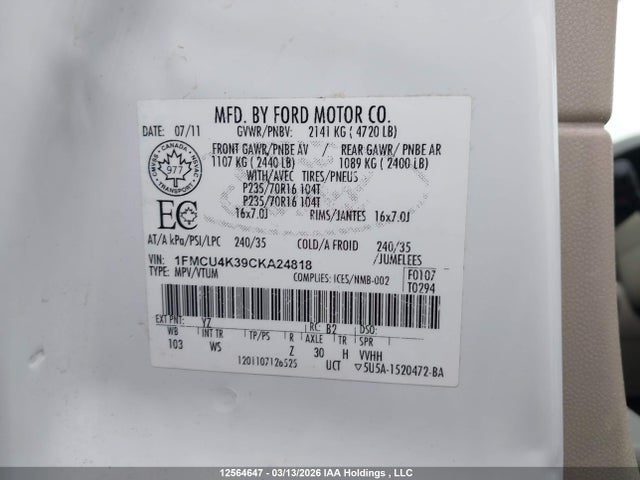 2012 Ford Escape Hybrid მანქანა იყიდება აუქციონზე, vin: 1FMCU4K39CKA24818, აუქციონის ნომერი: 12564647