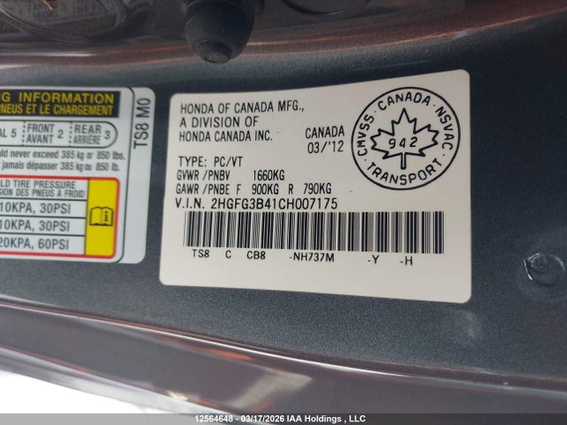 Продаж на аукціоні авто 2012 Honda Civic, vin: 2HGFG3B41CH007175, номер лоту: 12564648
