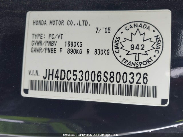 Aukcja sprzedaży 2006 Acura Rsx Type S, vin: JH4DC53006S800326, numer aukcji: 12564649