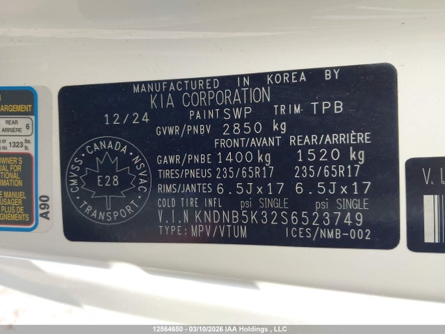 12564650 :رقم المزاد ، KNDNB5K32S6523749 vin ، 2025 Kia Carnival Lx/lxs مزاد بيع